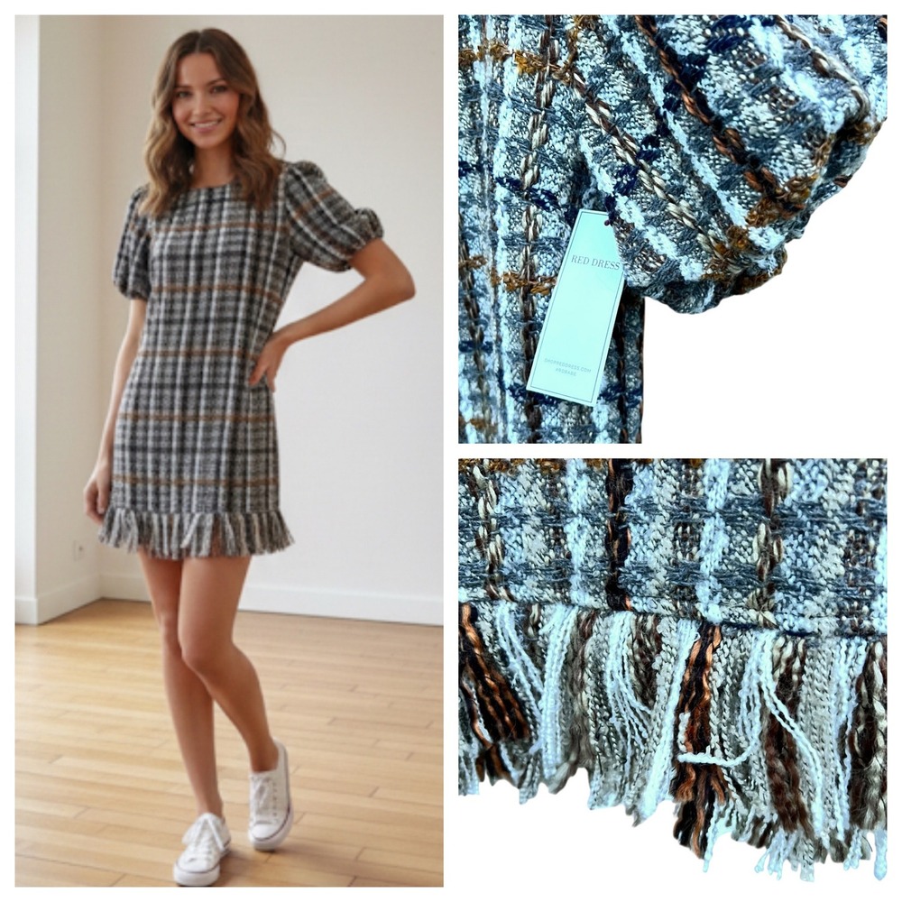 Aura Tweed Plaid Puff Sleeve Mini Dress Fringe Hem Preppy Retro Wool Blend Large